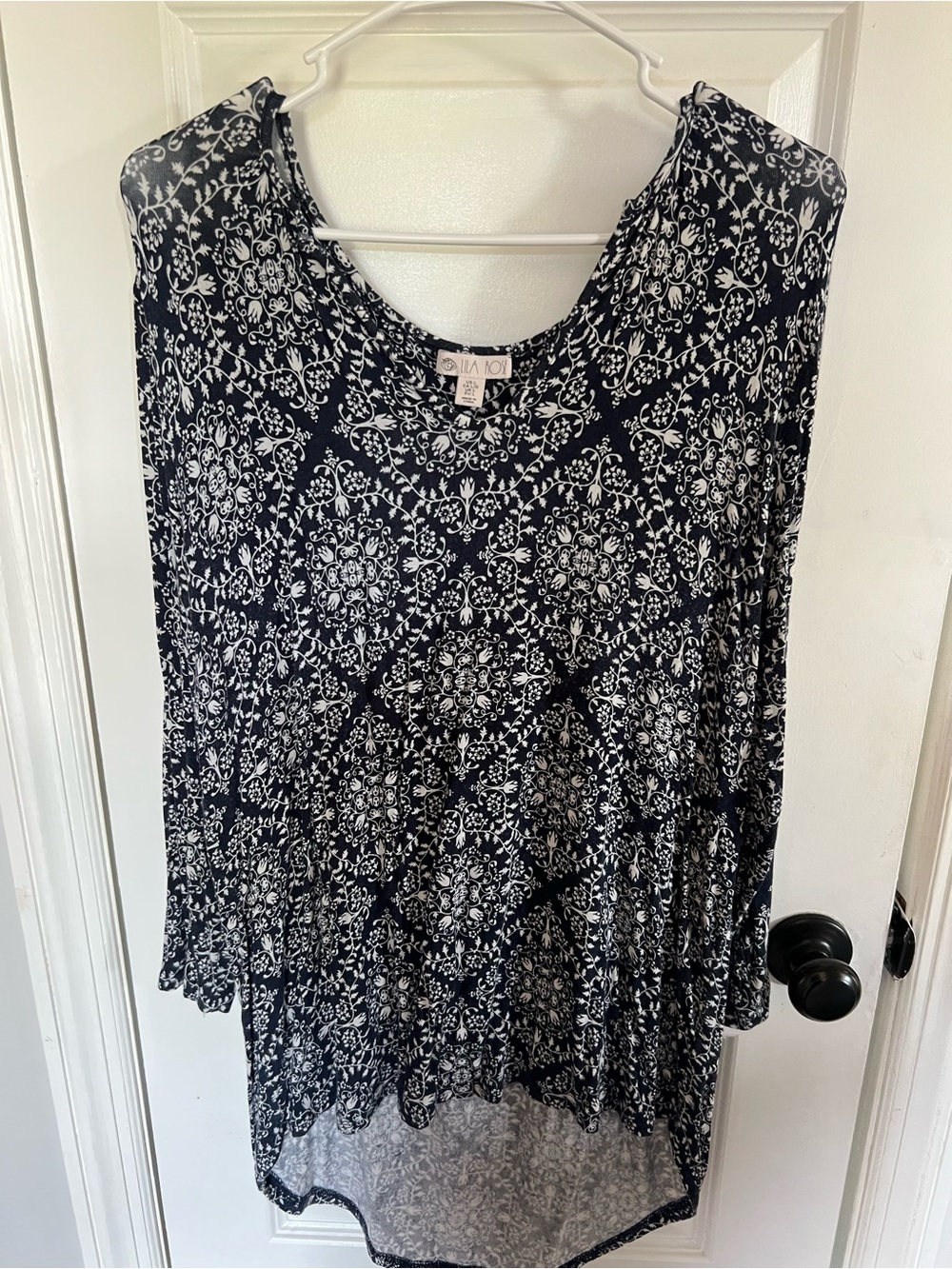 Lila Rose Navy Blue and White Printed Long Sleeve Tunic